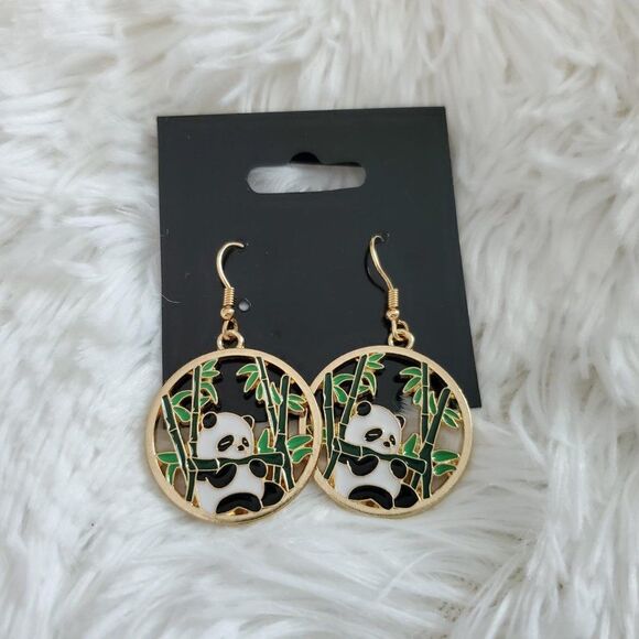 Gold Panda and Bamboo Charm Earrings - Picture 1 of 9